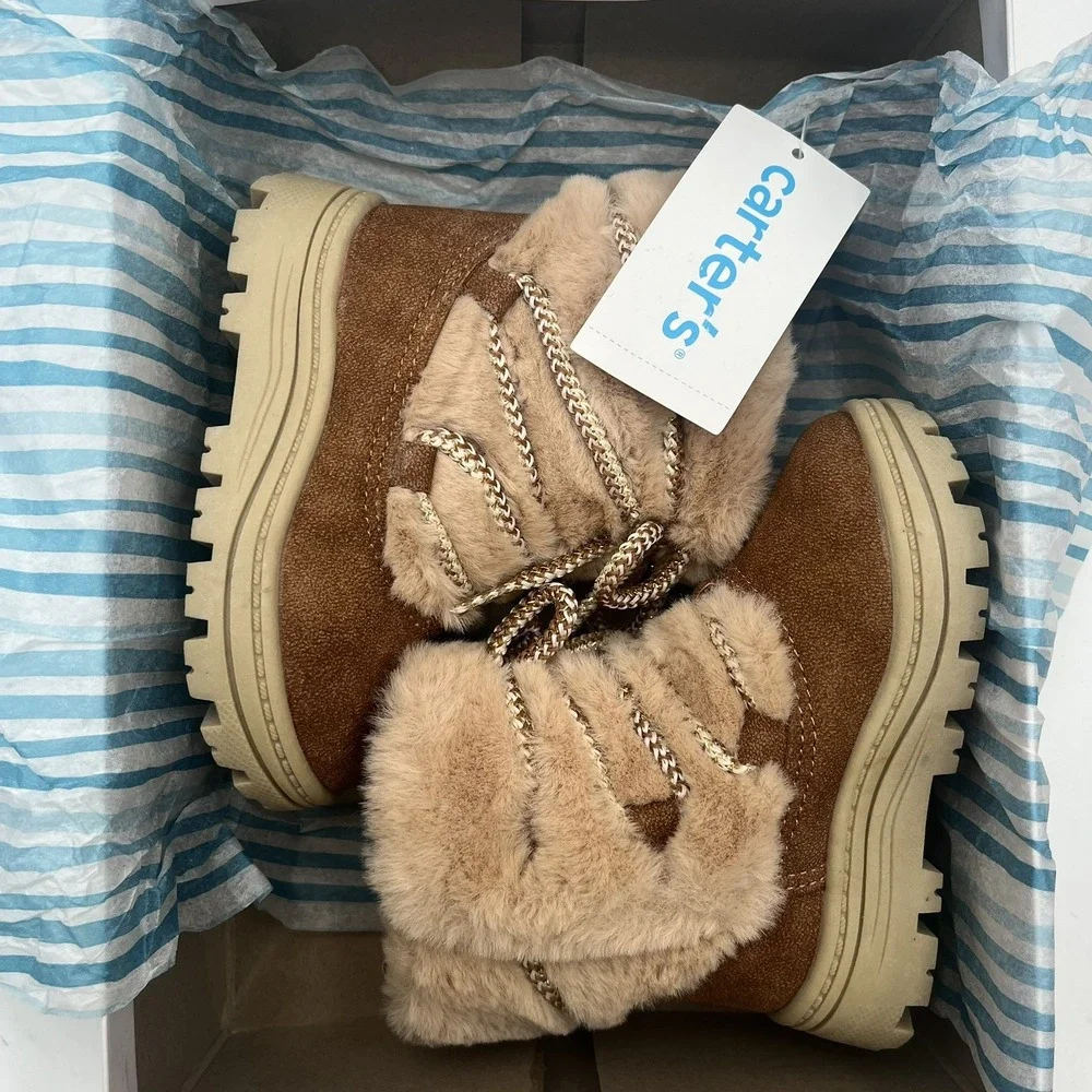Carter's Baby Girls Faux Fur Warm Winter Boots Size 5 Tan-Brown Lightweight‎